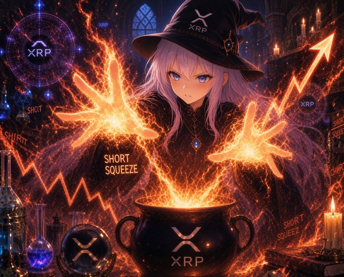 An anime witch wearing an XRP-branded hat conjures fiery magic from a cauldron labeled "XRP," with "SHORT SQUEEZE" text blazing alongside rising red arrows, visualizing XRP's potential price surge as shorts are forced out. The surrounding "SHORT" and "SHIRT" wordplay ties into the post's message about burning through shorts to sustain momentum.