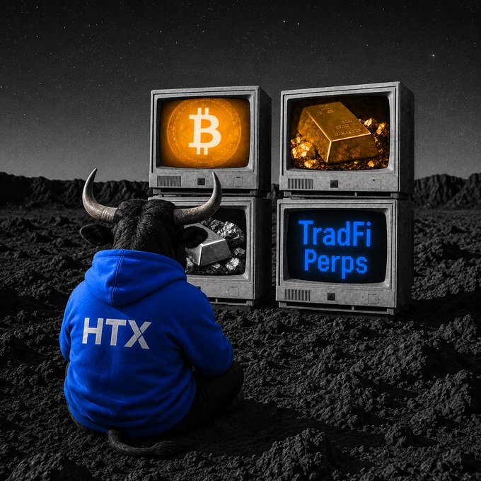 GM, happy Friday—a bull in an “HTX” hoodie locks in on stacked CRT screens showing Bitcoin ($BTC), gold, silver, and “TradFi Perps,” matching the post’s call for traders ready for the next leg.
