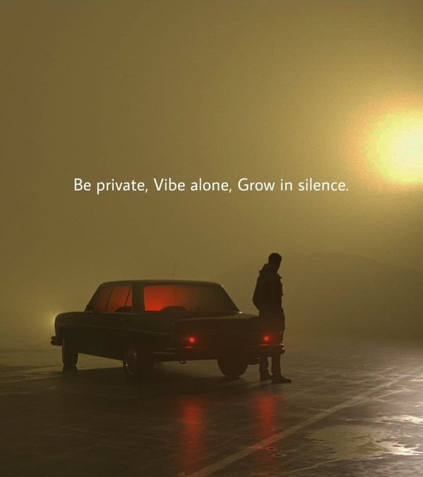 A silhouetted figure stands beside a vintage car in a hazy, dimly lit scene with the text "Be private, Vibe alone, Grow in silence." overlaid. The atmospheric imagery reinforces the post's theme of quiet personal growth and mental wellness, echoing the introspective tone of building better habits away from the spotlight.
