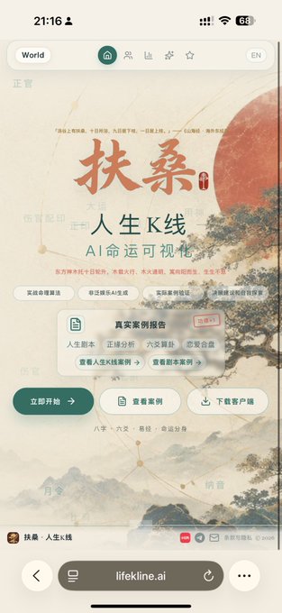 A mobile screenshot of the Chinese-language website lifekline.ai (branded as 扶桑 Fusang) featuring a traditional landscape design with the prominent tagline "人生K线 AI命运可视化" (Life K-Line, AI Destiny Visualization) and various service offerings including destiny analysis and naming services, reflecting the platform's rebranding from "Life K-Line" to "Fusang" to better fit the AI metaphysics market while avoiding blocked terminology.