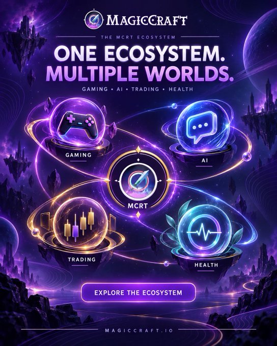 Promotional graphic for MagicCraft ecosystem titled "ONE ECOSYSTEM. MULTIPLE WORLDS." showing interconnected orbs representing Gaming, AI, Trading, and Health, linked to a central CRT token, with "EXPLORE THE ECOSYSTEM" button and MAGICCRAFT.IO URL.