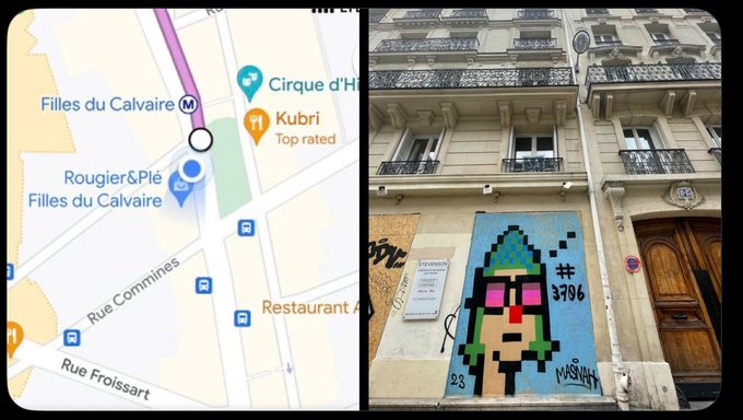 A split image showing a Google Maps view of Paris's Filles du Calvaire area (near Cirque d'Hiver, Rougier&Plé, and Rue Froissart) alongside a street art mosaic of a pixelated figure with the handle "#3796" and "MORSHUN" tag, referencing artist LoroMasnah's street art work in the Marais district.