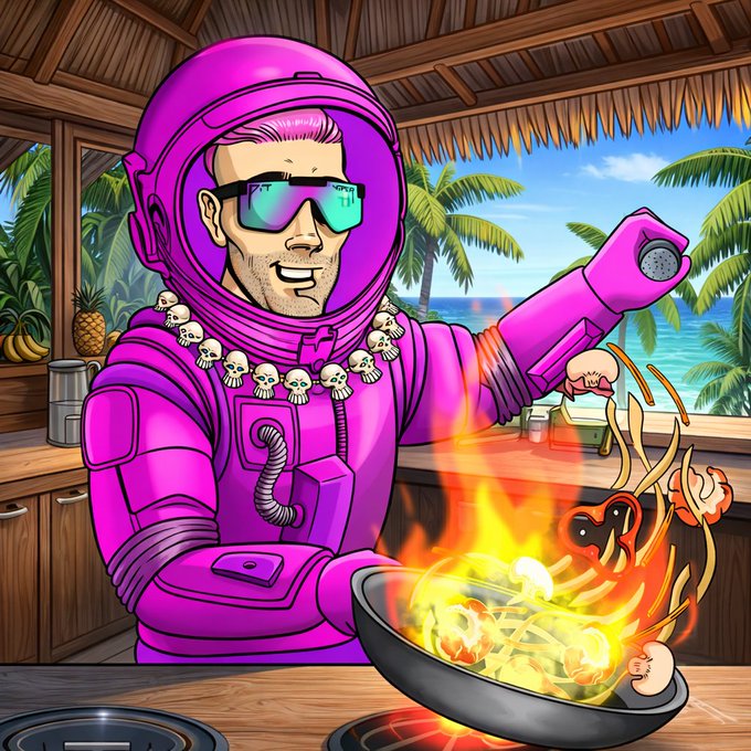 A cartoon illustration of a man with a beard wearing a pink space suit, sunglasses, and a skull necklace, cooking shrimp in a flaming wok in a tropical beach kitchen.