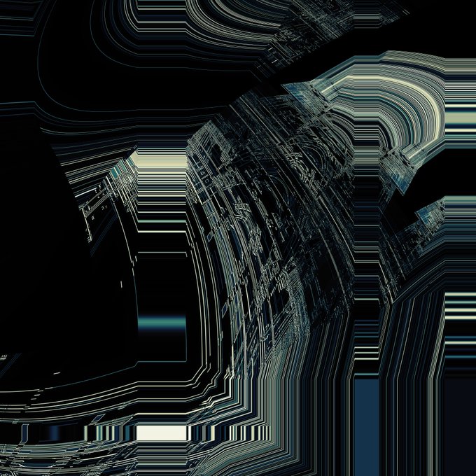 An abstract digital glitch artwork with curving, layered circuit-like lines in teal and white on black.