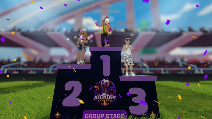 Three animated avatars celebrating on a purple podium labeled 1, 2, 3 at a stadium, with a 'GOAL KICKOFF CHALLENGE GROUP STAGE' banner and confetti.