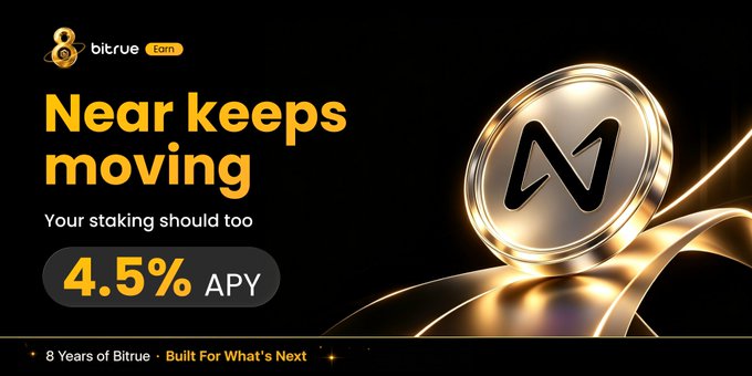 A Bitrue.com promotional banner featuring a gold NEAR coin graphic alongside the text "Near keeps moving - Your staking should too" and highlights a 4.5% APY staking offer, matching the post's call-to-action for staking NEAR tokens on Bitrue Earn.