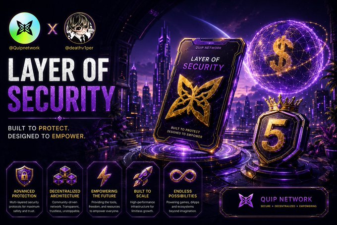 The image features a poster for "Layer of Security" with a purple background, gold accents, and various elements related to security and technology. The poster includes a cell phone, a butterfly, and a shield, all symbols associated with the concept of layer protection in computer networks. The text on the poster emphasizes the importance of building secure infrastructure and highlights the need for continuous improvement in this field.