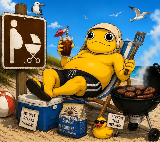 A cartoon illustration of a yellow character in swim trunks and a cap lounging in a beach chair with an iced drink, holding a grill spatula, next to a grill with burgers, a bag of 'Sunbeach Charcoal', a cooler reading 'MY DIET STARTS MONDAY', and a rubber duck holding 'I APPROVE THIS MESSAGE'.