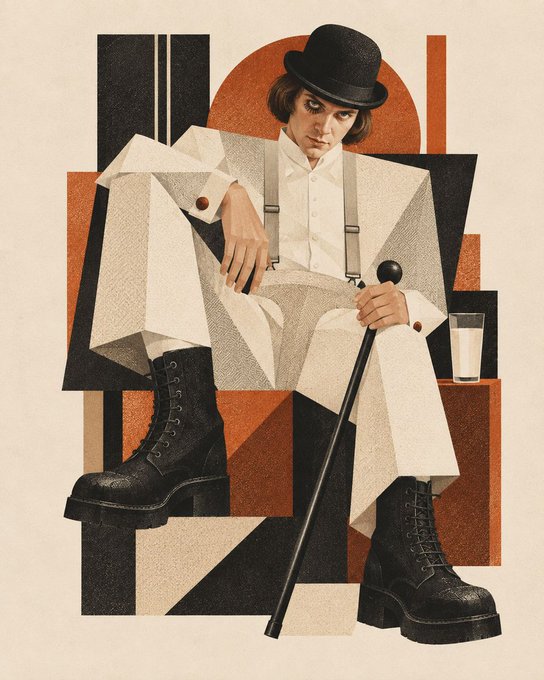 A stylized, geometric illustration of a figure wearing a bowler hat, white shirt, suspenders, and heavy black platform boots, seated and holding a black cane with a glass of milk nearby.