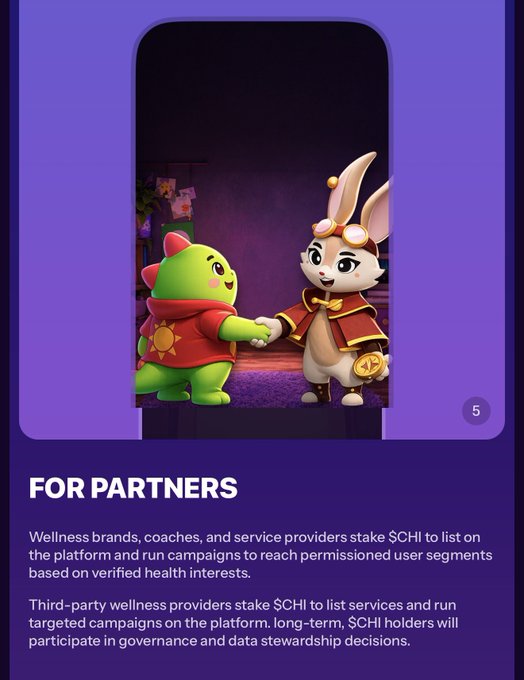 A promotional graphic titled 'FOR PARTNERS' featuring 3D animated characters — a green dinosaur and a bunny in traditional attire shaking hands — with text explaining that wellness brands and third-party providers stake $CHI to list services and run targeted campaigns.
