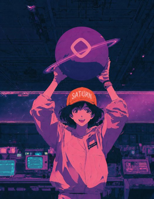 An anime-style illustration depicts a smiling young woman wearing a red cap labeled "SATURN" holding up a purple planet with rings, set against a cyberpunk backdrop with monitors.