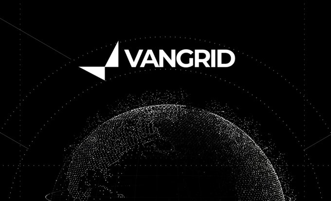 A black and white logo for 'VANGRID' featuring a stylized geometric icon next to the text, with a dotted globe illustration below.