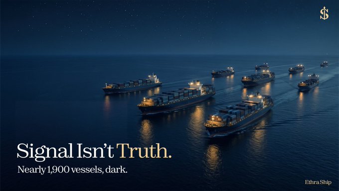 A dark nighttime image showing multiple cargo ships at sea with text reading 'Signal Isn't Truth. Nearly 1,900 vessels, dark.' and 'Ethra Ship' in the corner with a dollar sign logo.
