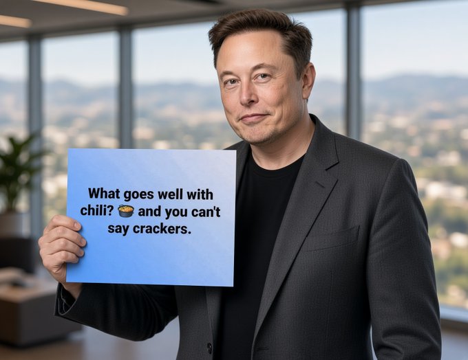 An AI-generated or edited image shows Elon Musk in a suit holding a blue sign that reads 'What goes well with chili? [chili emoji] and you can't say crackers.'