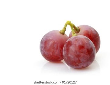 A stock photo shows three red grapes still attached to their green stem against a stark white background, with the Shutterstock image number '91720127' at the bottom.