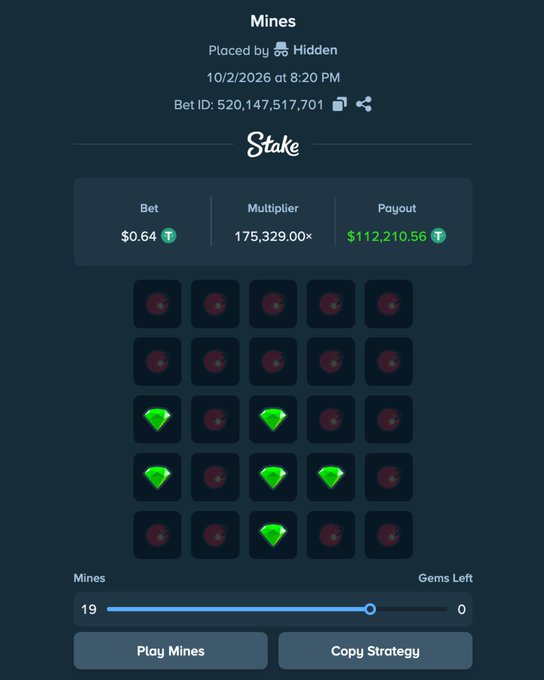 A screenshot of a Stake.com 'Mines' gambling game showing a bet of $0.64 with a 175,329x multiplier and $112,210.56 payout, dated 10/2/2026.