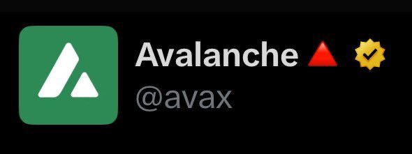 A social media profile banner for 'Avalanche' (@avax) featuring the green Avalanche logo, a red triangle, and a yellow verified badge.