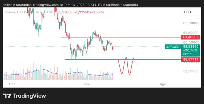 A TradingView chart for XAGUSD (Silver) shows the price trading around $58.94, down 0.76% on the day, within a clearly defined range bounded by horizontal red lines at $61.40 (upper) and $55.58 (lower), with a red "W" pattern drawn on the price action indicating a potential liquidity sweep and rebound from the lower band—consistent with the post's analysis of an expected dip to the range bottom followed by an upward reaction.