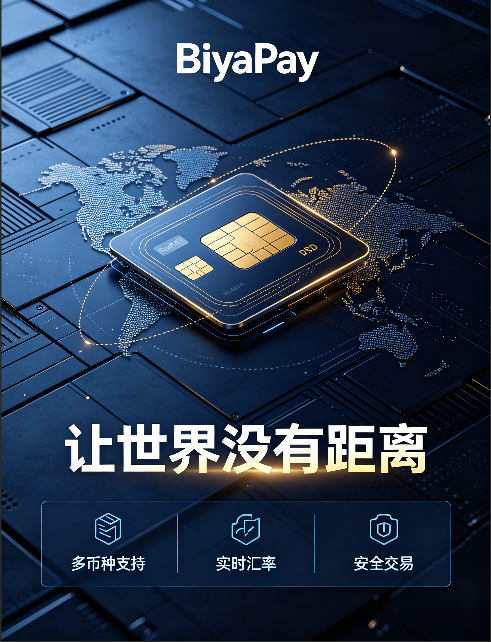 A sleek promotional graphic for "BiyaPay" features a gold EMV chip card resting on a digital world map, with the tagline "让世界没有距离" (Making the world without distance) and icons highlighting multi-currency support, real-time exchange rates, and secure transactions. The image aligns with the post's theme by visually conveying how BiyaPay enables seamless global financial connectivity, bridging crypto assets with traditional investments like US and Hong Kong stocks across borders.