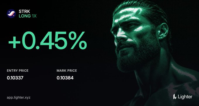 The image displays a green-tinted, stylized portrait of a bearded man alongside trading metrics for $STRK, showing a +0.45% gain with an entry price of 0.10337 and mark price of 0.10384, branded with the "Lighter" logo—visually reinforcing the post's celebration of returning to profit after holding $STRK underwater for a year.