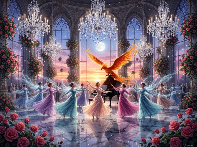 Fantasy artwork depicting ballerinas in pastel dresses dancing in an ornate ballroom with crystal chandeliers, rose-covered columns, and a golden phoenix taking flight at sunset.