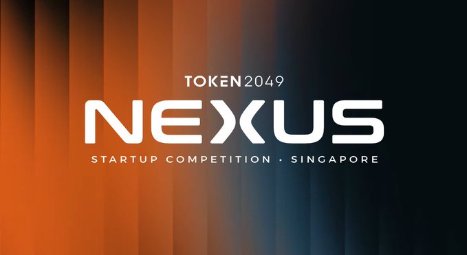 A promotional banner for the "TOKEN 2049 NEXUS STARTUP COMPETITION · SINGAPORE" featuring white text over an orange and black vertically striped background.