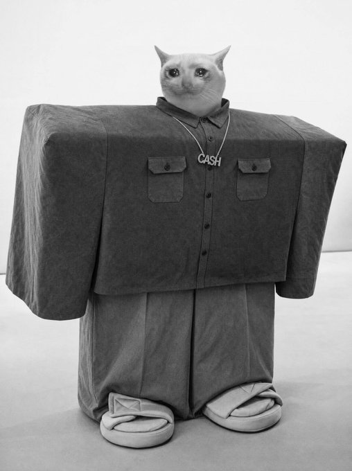 A black and white artistic image of a figure wearing an oversized gray shirt and pants with a cat head, wearing a 'CASH' pendant necklace and large slippers.