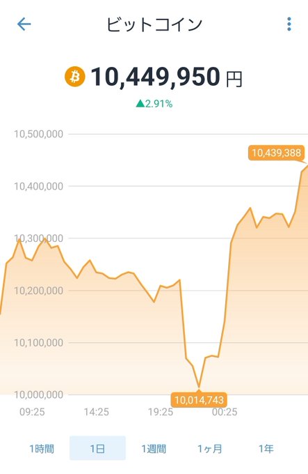 Bitcoin price chart on a mobile app showing 10,449,950 yen, up 2.91%, with the chart displaying a V-shaped recovery from a low of 10,014,743.