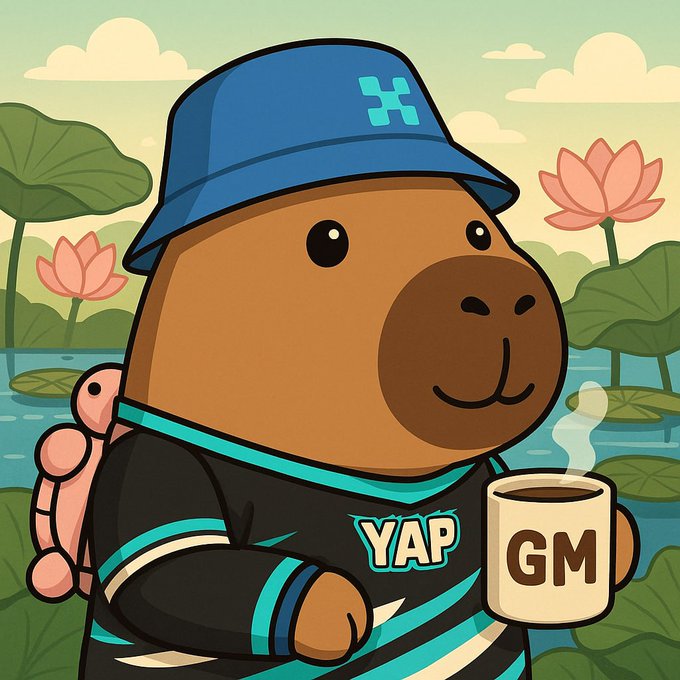 A cartoon capybara wearing a blue bucket hat and a jersey with "YAP" on it holds a coffee mug labeled "GM," set against a serene pond with lotus flowers. The "GM" (good morning) mug and relaxed capybara embody the post's message of patient, disciplined optimism—contrasting the FUD around TVL dips with steady confidence in the project's long-term fundamentals.