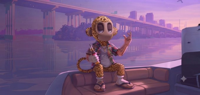 3D animated monkey character wearing a leopard print hoodie, white shirt, and flip-flops sitting on a boat holding a bottle, with a bridge and purple sunset sky in the background.