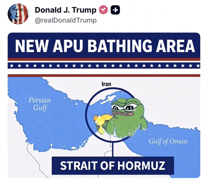 A mock social media post styled as Donald Trump (@realDonaldTrump) showing a Pepe the Frog meme holding gold in the Persian Gulf with text 'NEW APU BATHING AREA' and 'STRAIT OF HORMUZ'.