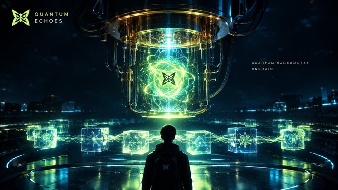 A futuristic promotional image for "Quantum Echoes" featuring a glowing green quantum reactor labeled "QUANTUM RANDOMNESS ONCHAIN," with a person standing before holographic data cubes.