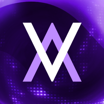 A purple gradient logo featuring a stylized white 'W' letter on a dark background with light streaks and dotted patterns.