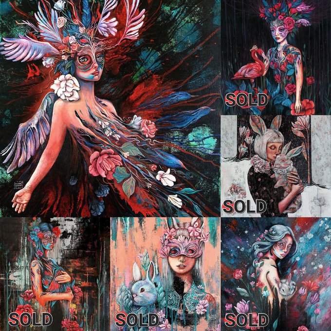 A collage of five surreal, colorful paintings featuring women adorned with floral masks and animal motifs, with four of the images marked with a red 'SOLD' overlay.