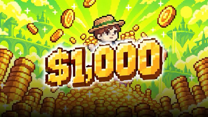 A pixel art promotional image displaying '$1,000' in large gold text, featuring a character in a green hat surrounded by flying coins and piles of treasure.