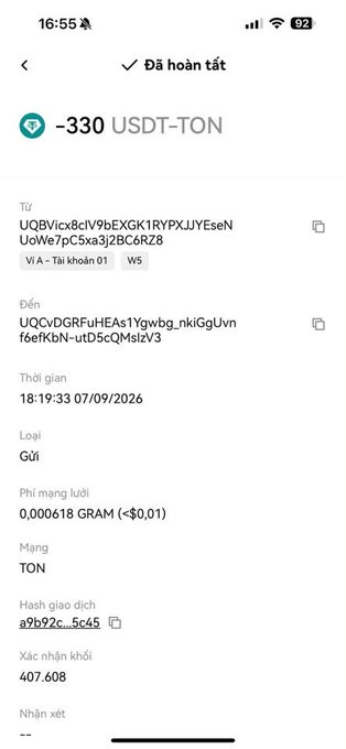 A screenshot of a completed TON wallet transaction showing -330 USDT sent from address UQBvicx8cIV9bEXGK1RYPXJYEseNUoWe7pC5xa3jzBC6RZ8 to address UQCvDGRFuHEAs1Ygwbg_nkiGgUvnf6efKbN~utD5cQMsizV3, with a $0.01 network fee—illustrating the kind of fake USDT scam the post warns about, where users receive worthless tokens that appear to be legitimate USDT.