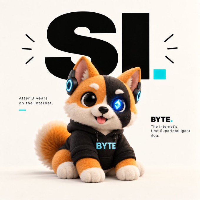 A promotional graphic for "BYTE, The internet's first Superintelligent dog" shows a cute robotic Shiba Inu puppy wearing a black BYTE hoodie, with the tagline "After 3 years on the internet."