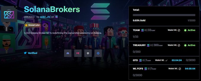 The image shows the **SolanaBrokers** NFT mint page, displaying a 3,333 collection of pixel-art character NFTs on the Solana blockchain, with statistics showing "0.03% Sold" (1/3333 minted), a team allocation of 1/33, and a treasury holding of 0/300.

This relates to the post as the user successfully minted one of the SolanaBrokers NFTs, with their free prediction of the mint price proving correct, as the mint was available at zero SOL cost.