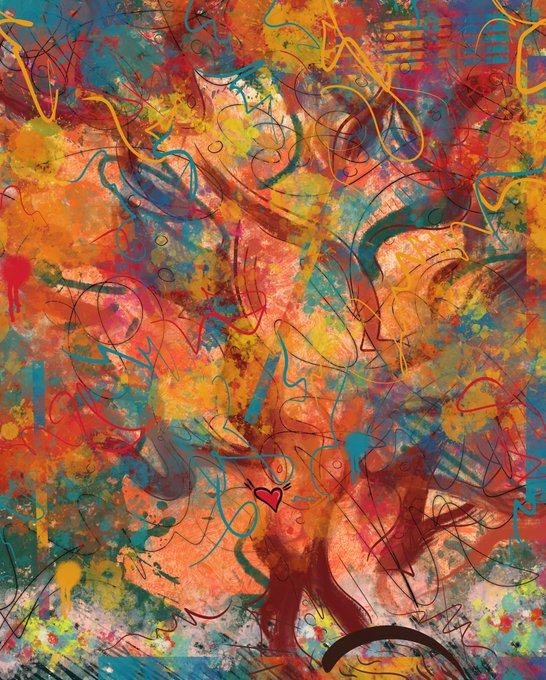 An abstract painting filled with vibrant splashes and scribbles of red, orange, yellow, blue, and green colors, featuring small heart shapes and swirling lines.