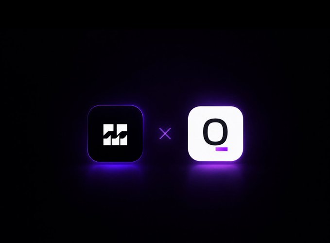 Two app icons, one black with a white geometric logo and one white with a purple 'Q', are displayed side-by-side with an 'X' between them on a black background with purple glow effects.