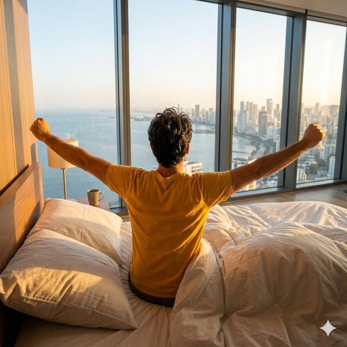 A young man in a yellow shirt sitting on a bed with arms raised triumphantly, overlooking a coastal city skyline at sunrise through floor-to-ceiling windows.