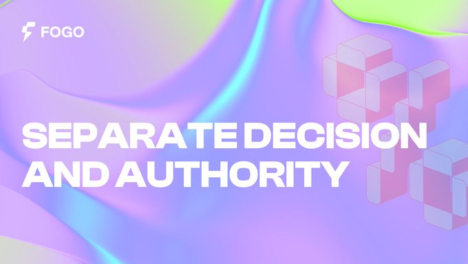 The image displays the text "SEPARATE DECISION AND AUTHORITY" beneath a "FOGO" logo, set against a vibrant purple and green gradient background with translucent 3D cube graphics. The caption reinforces the post's point that an agent can recognize market conditions yet lack the permission to execute trades, highlighting the distinction between observation and the power to act.
