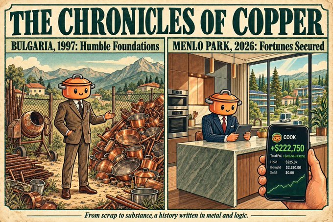 A retro-style illustrated poster titled 'THE CHRONICLES OF COPPER' contrasts 'BULGARIA, 1997: Humble Foundations' with 'MENLO PARK, 2026: Fortunes Secured', showing a character going from scrap metal to crypto wealth shown on a phone displaying 'COOK +$222,750'.