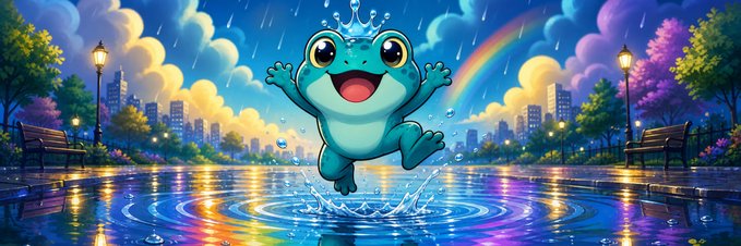 A cheerful blue frog leaps joyfully in a sparkling puddle beneath a vibrant rainbow, surrounded by lush park scenery and city lights reflecting off the wet ground. The image perfectly captures the $PUDDLE token's spirit—finding magic and making waves in a small puddle rather than chasing grand oceans.