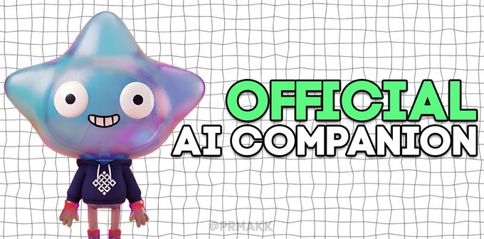A promotional graphic for an 'OFFICIAL AI COMPANION' featuring a cute, shiny star-shaped character with a smiling face wearing a dark blue hoodie, set against a grid background.