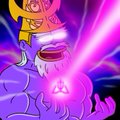 An anime-style image shows a muscular character with a pink aura emitting a bright pink energy beam from their mouth.