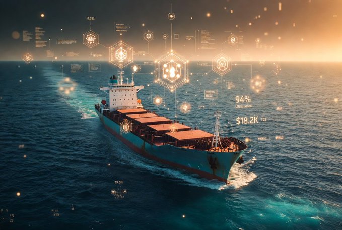 A cargo ship sailing on the ocean overlaid with glowing digital hexagonal graphics and data readouts including '94%' and '$18.2K'.