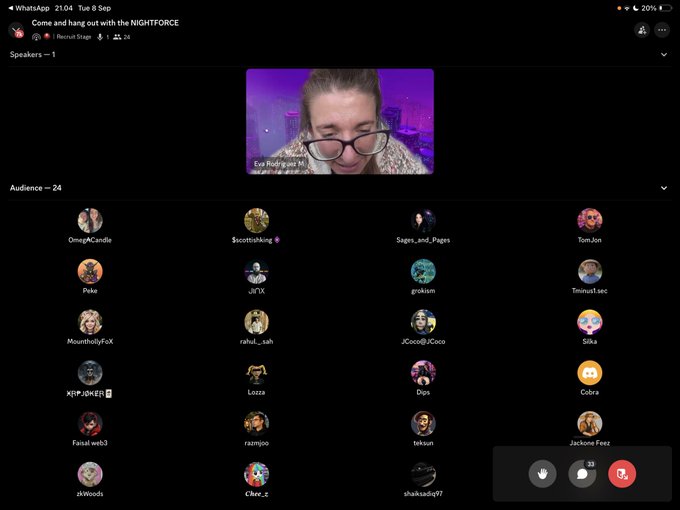 Screenshot of a WhatsApp group call titled 'Come and hang out with the NIGHTFORCE' (Tue 8 Sep) with 1 speaker visible and an audience of 24 participants.