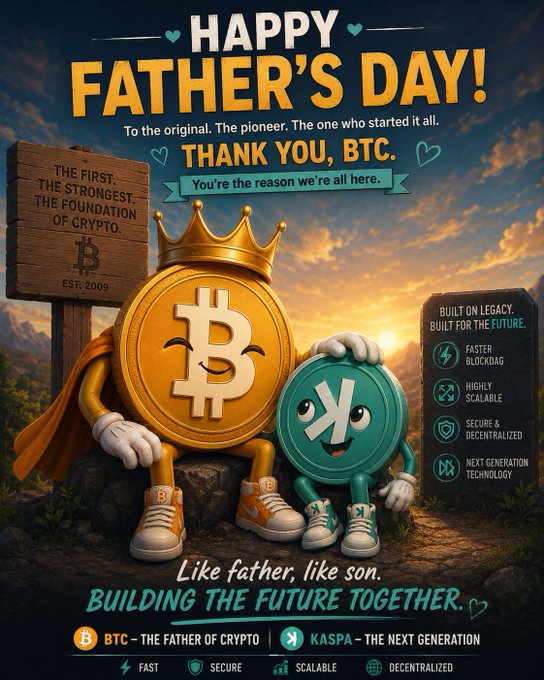 The image features a poster for Father's Day that includes two cartoon characters, one gold and one blue, sitting together with a sign underneath them that says "Happy Father's Day! To the original creator. The one who started all. Thank You. You're the reason we're here." Below this, there is text that reads "Like father like son. Building the future together. Kaspa respects the foundation while building the next generation of Proof of Work. t.me/Kaspa nation #bitcoin #kaspa #crypto". The poster also includes a post on social media with the caption "Happy Father's Day! To the original creator. The one who started all. Thank You. You're the reason we're here."