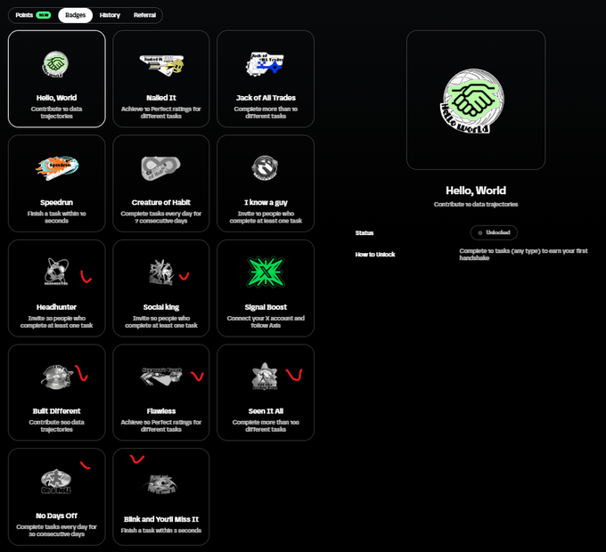A dark-themed achievement badge interface displays various community milestones for "Hello, World" tasks, with the currently selected "Hello, World" badge showing "Unlockled" status on the right panel. The badges include categories like "Nailed It," "Jack of All Trades," "Speedrun," "Creature of Habit," and "I know a guy," each with specific task requirements such as completing perfect ratings or consecutive day streaks, suggesting a gamified contribution system.